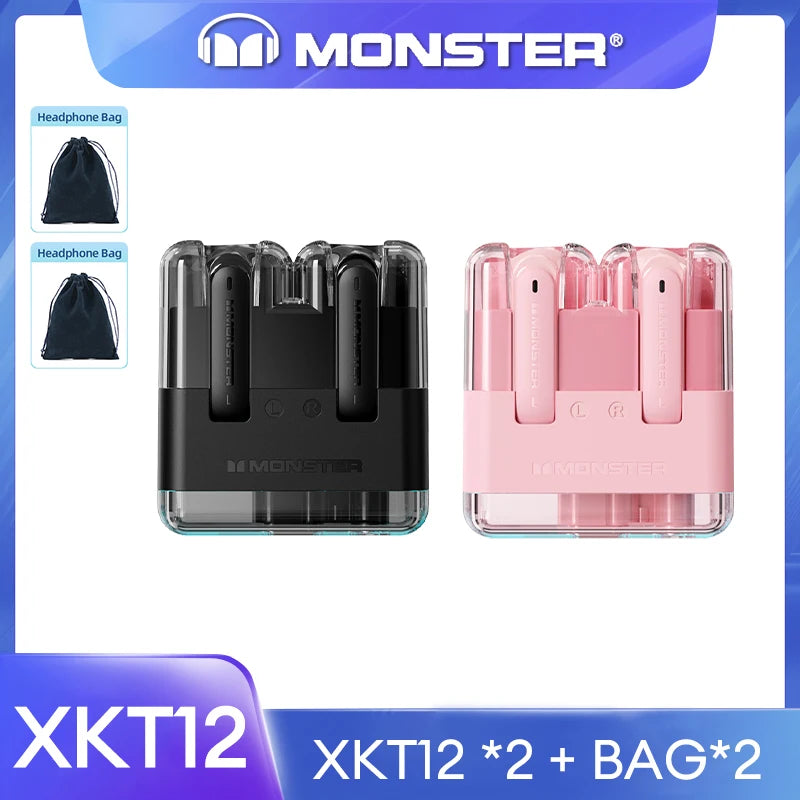 Original Monster XKT12 Gaming Earphones Bluetooth 5.3 TWS Wireless Headset HIFI Sound Earbuds Noise Reduction Headphones 300mAh