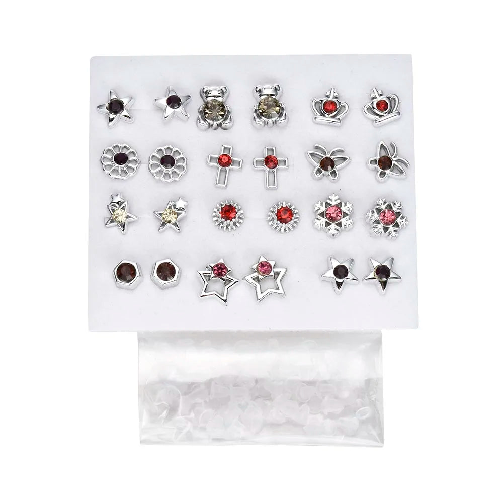 2020 NEW 12~36 Pairs Fashion Women Girls Resin Plastic Crystal Diamante Flower Stud Earrings Set Random Style Gold Color Jewelry