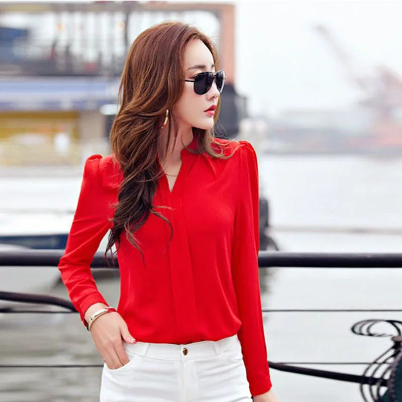 Long Sleeve Shirt Women Autumn Clothing Fashion Slim Chiffon Blouse V Neck Korean Elegant Ladies Office Shirts White Red DF2324