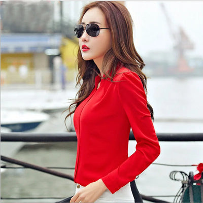 Long Sleeve Shirt Women Autumn Clothing Fashion Slim Chiffon Blouse V Neck Korean Elegant Ladies Office Shirts White Red DF2324