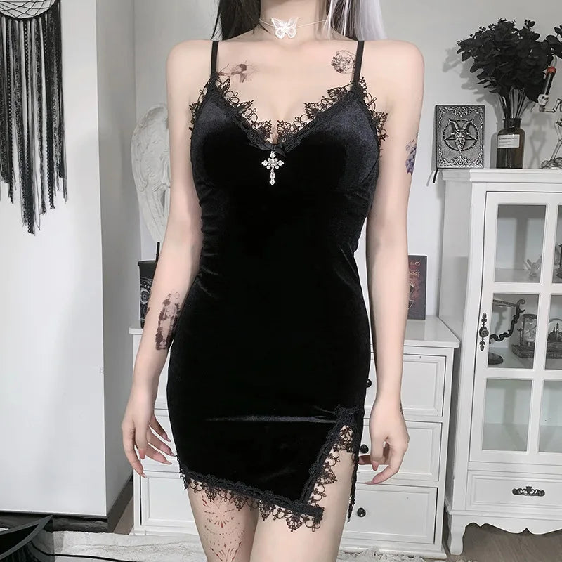 Dark Cross Black Mini Dress Vintage Sexy Spaghetti Strap High Waist Slit Dresses Goth Party Club Women Dress