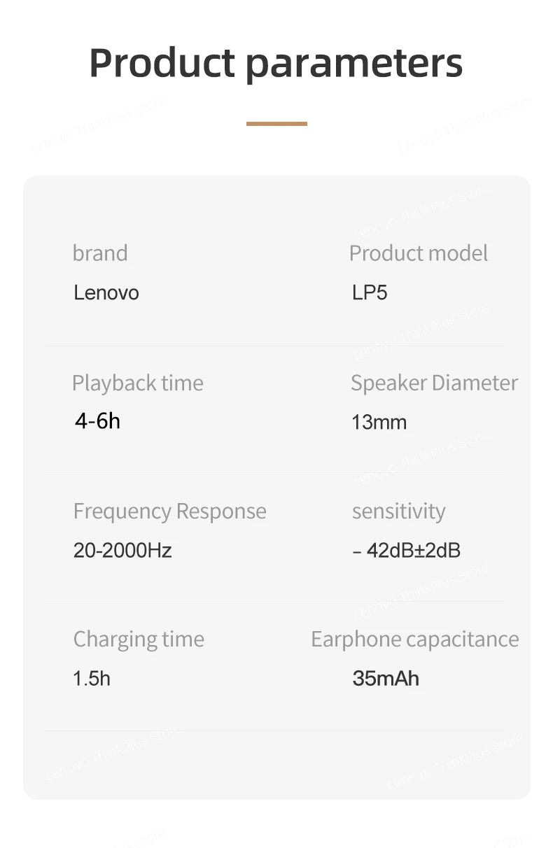 سماعة لينوفو LP5 اللاسلكية الأصلية بتقنية البلوتوث، شحن سريع، قدرة تحمل طويلة، مكالمات عالية الدقة، مع ميكروفون، سماعة رياضية مقاومة للماء