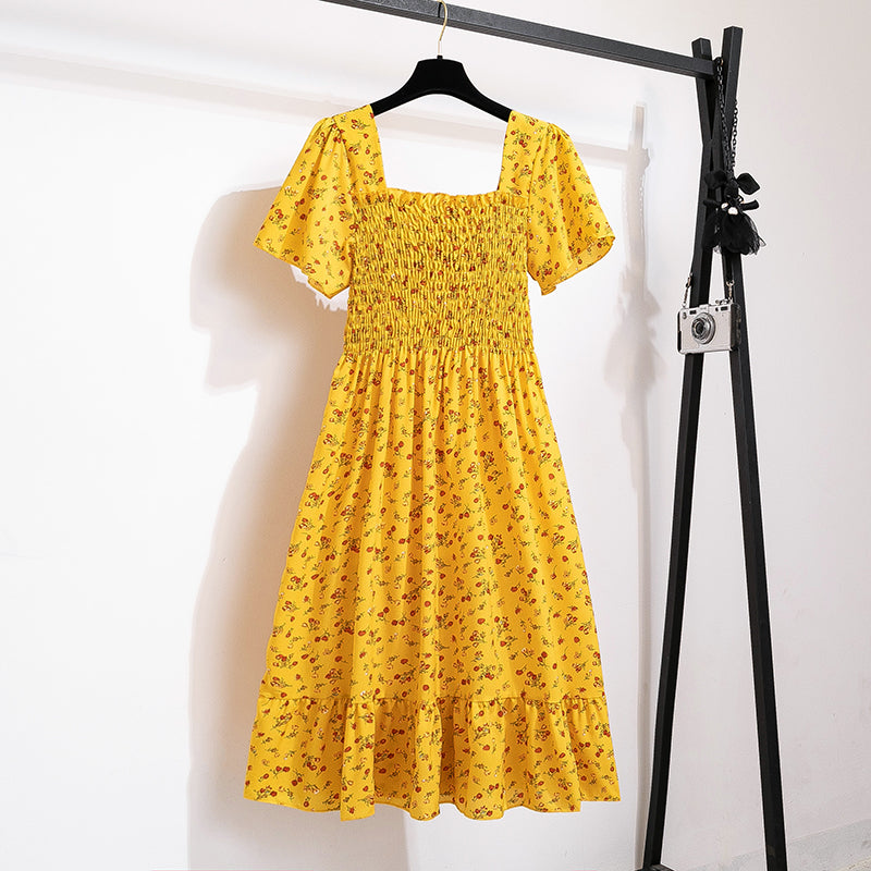 Spring Summer Chiffon Dress Women Midi DressesFemale Short Sleeve Elastic Waist Printed Floral Pleated Backless Casual Dress