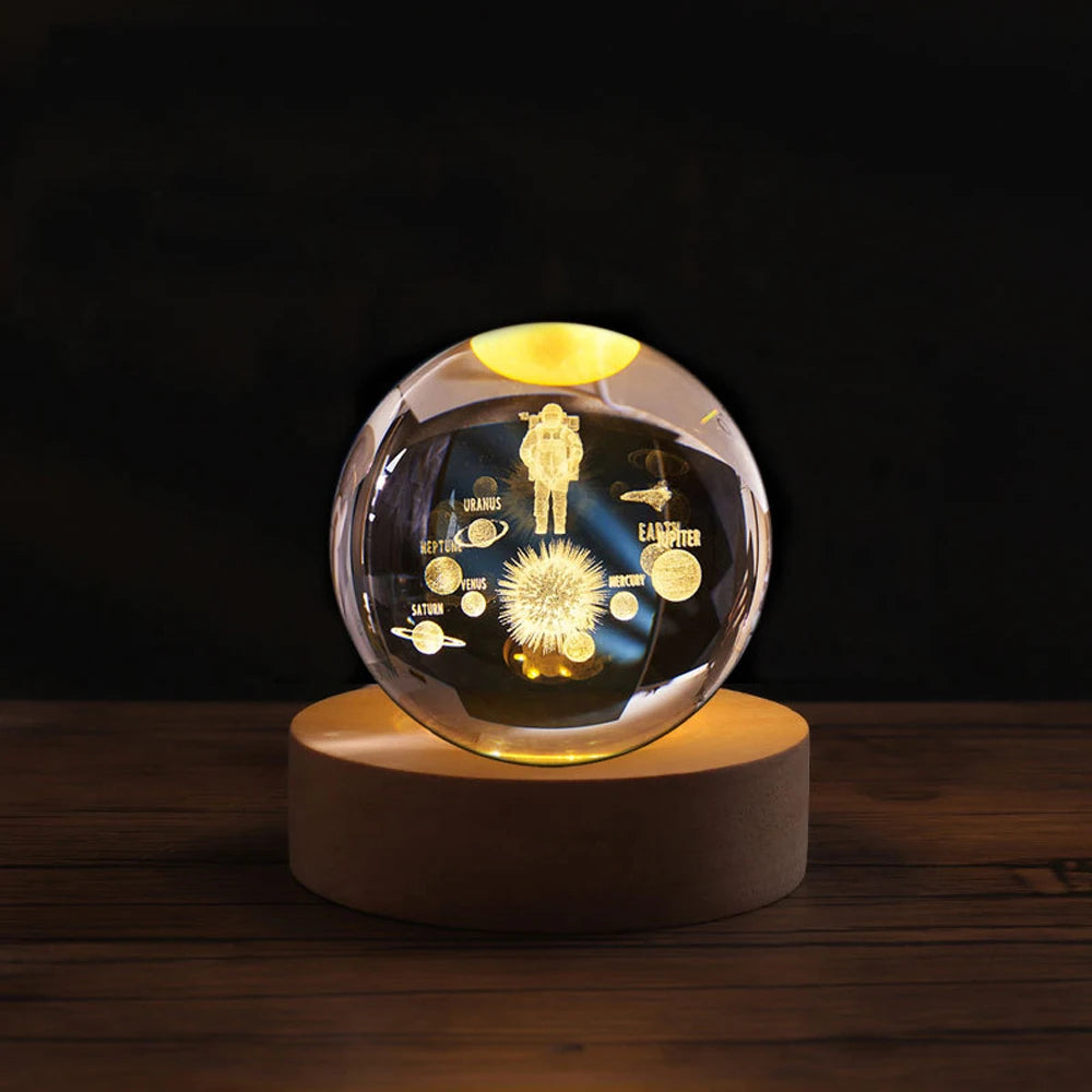 6cm 3D Crystal Ball Stitch Astronaut Solar System Saturn Milky Way Crystal Planet Night Light Laser Carving Children's Gifts