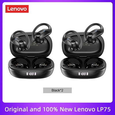 سماعات لينوفو LP75 TWS Bluetooth V5.3 الأصلية الجديدة 2/3/5 قطع، سماعات رأس لاسلكية LED رقمية مقاومة للماء IPX5