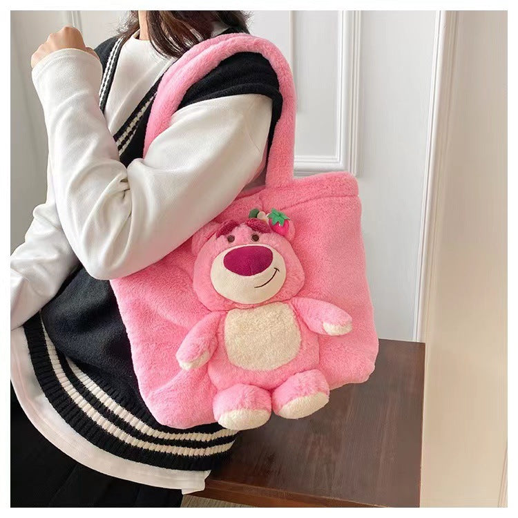 Disney 2024 New Cartoon Plush Doll Shoulder Bag Sweet and Cute Stitch Strawberry Bear Soft Cute Girls Handbag