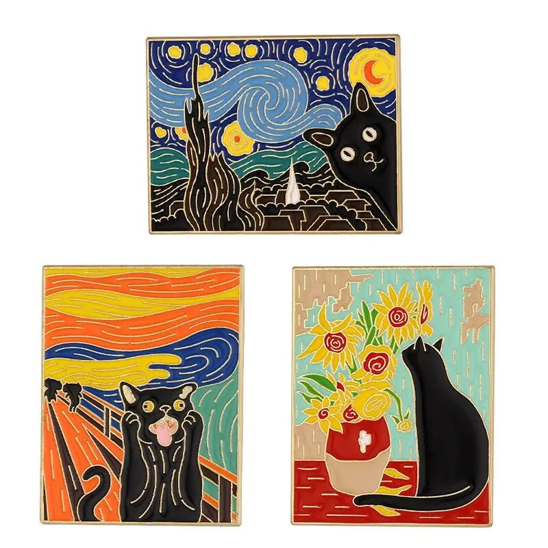 3pcs Cats In Oil Painting Enamel Pin Custom Funny Black Kitten Sunflower Brooch Lapel Badge Animal Jewelry Gift For Kids Friends