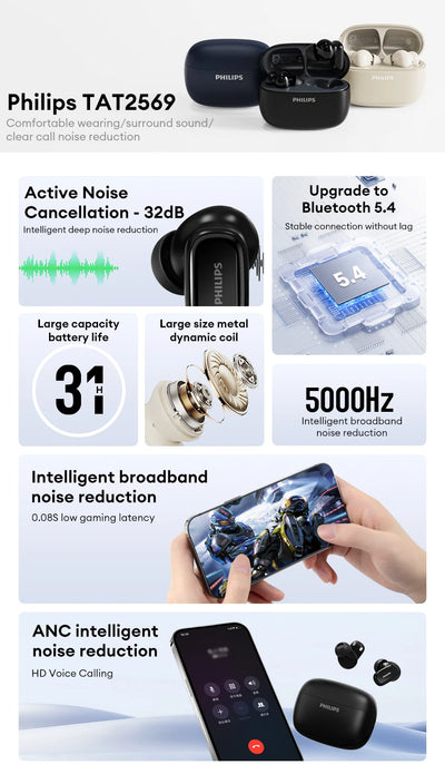 Original Philips TAT2569 Wireless Bluetooth V5.4 Stereo Earphones IPX4 Waterproof Sport Earbuds Low Latency Gaming Headset New