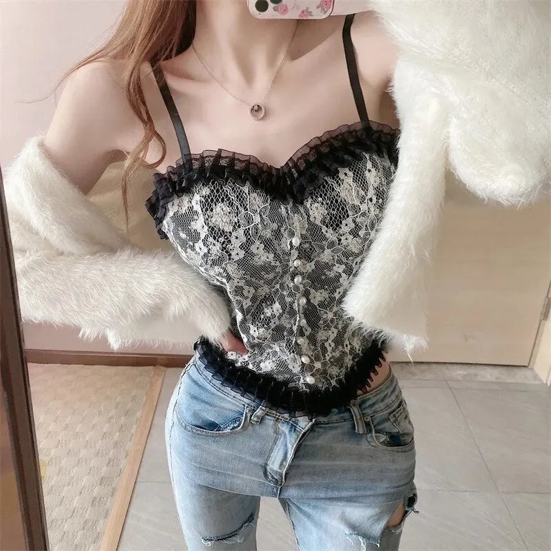 1pc Lace Sexy Floral Camisole Beautiful Back Wrapped Solid Color Hot Casual Sling Sleeveless Sweet Tank Top