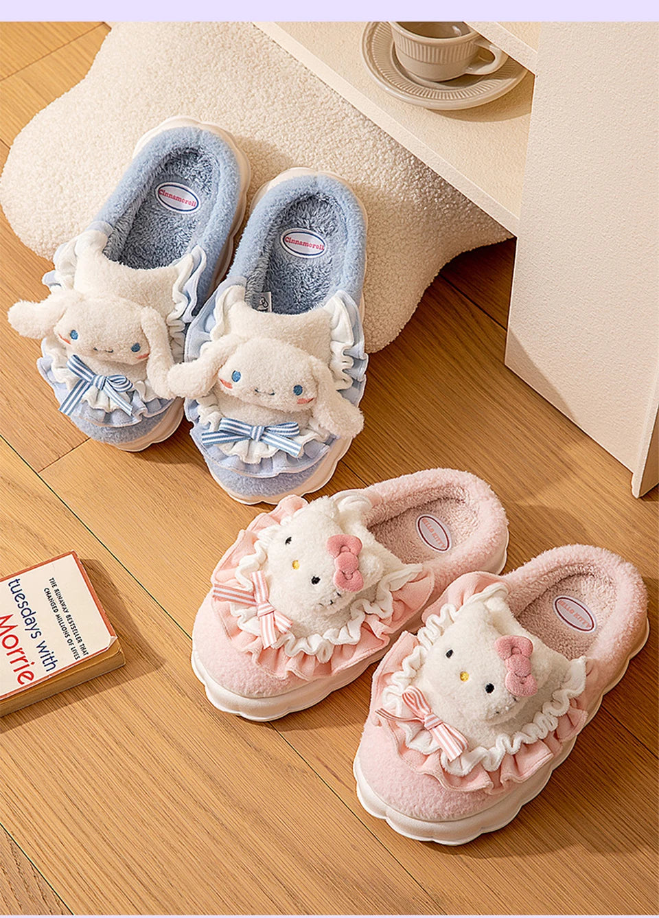 Sanrio Kawaii Cinnamoroll Womens Slippers Kuromi Hello Kitty Plush Cartoon Cute Sweet Suitable Indoor Outdoor Winter Slippers