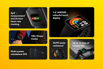 النسخة العالمية من POCO Watch شاشة AMOLED مقاس 1.6 بوصة بطارية تدوم 14 يومًا GPS ساعة وجه ساعة ذكية تعمل دائمًا مع مراقبة الأكسجين في الدم