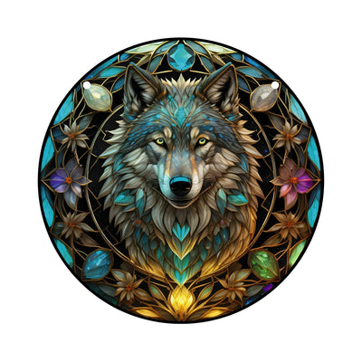 3D Wolf Stained Window Hanging, Wolf Art Pendant For Kitchen Livingroom Office, Halloween Fall Animal Lover Wreath Sign