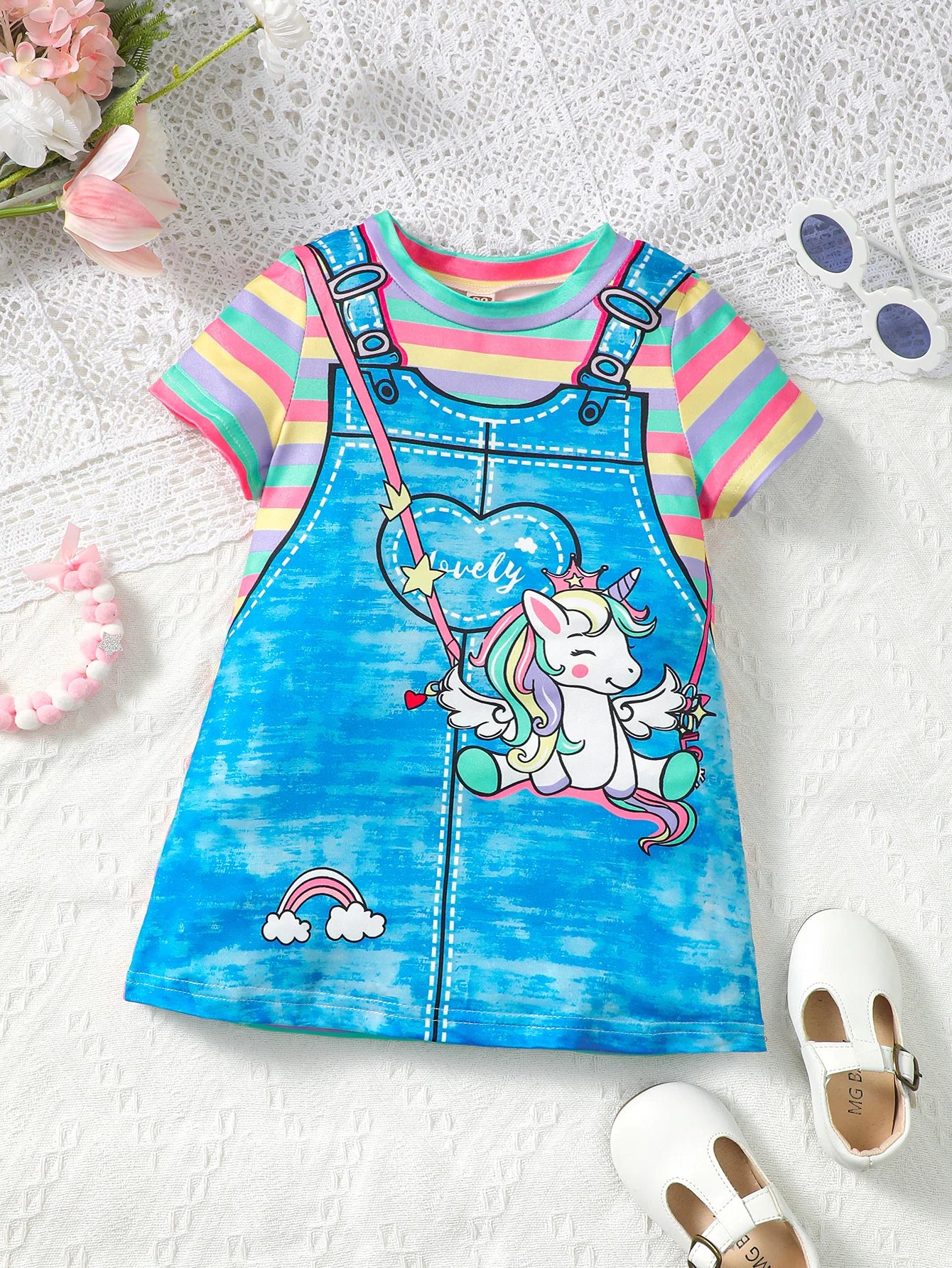 Summer girl's short sleeved round neck unicorn rainbow stripe print cute casual rose red dress