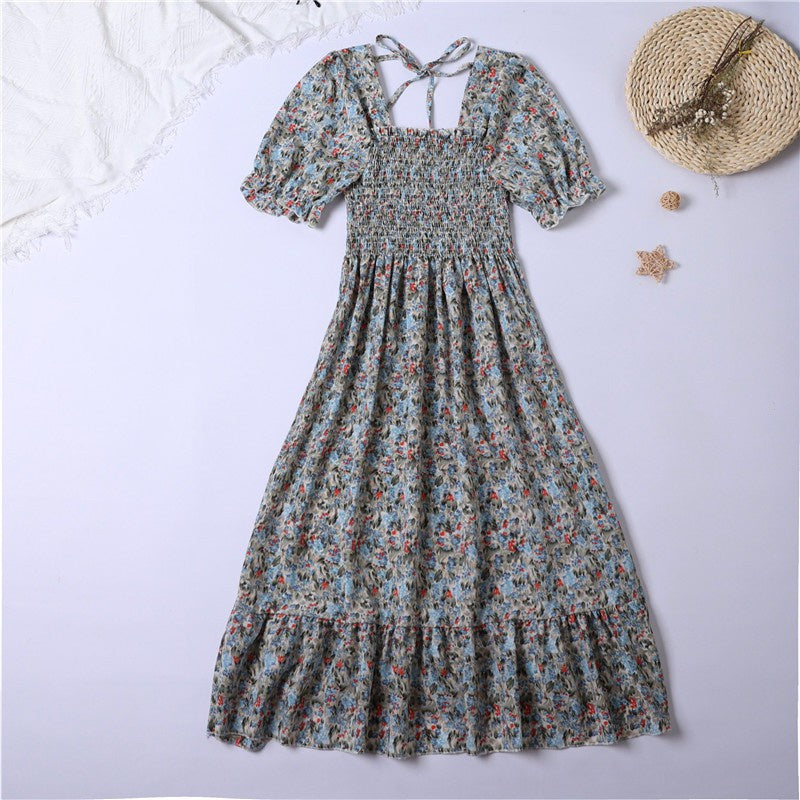 Summer Pleated Women Chiffon Dresses Casual Beach Holiday Short Sleeve Square Collar Woman Midi Dress Bohemian Mujer Vestidos