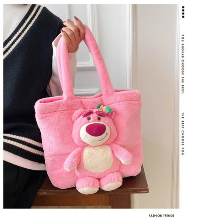 Disney 2024 New Cartoon Plush Doll Shoulder Bag Sweet and Cute Stitch Strawberry Bear Soft Cute Girls Handbag