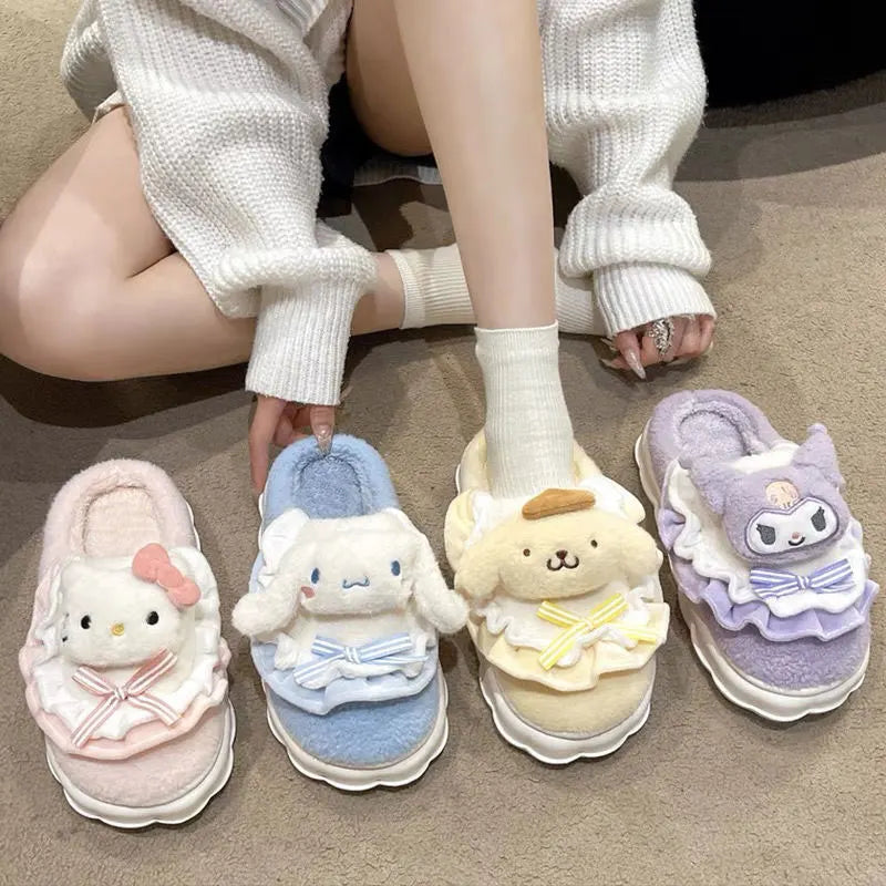 Sanrio Cinnamoroll Plush Slippers Kuromi Women Plushie Cartoon Plush Kawaii Flat Shoes Slippers Shoes Gift Girl Y2K 2024 NEW