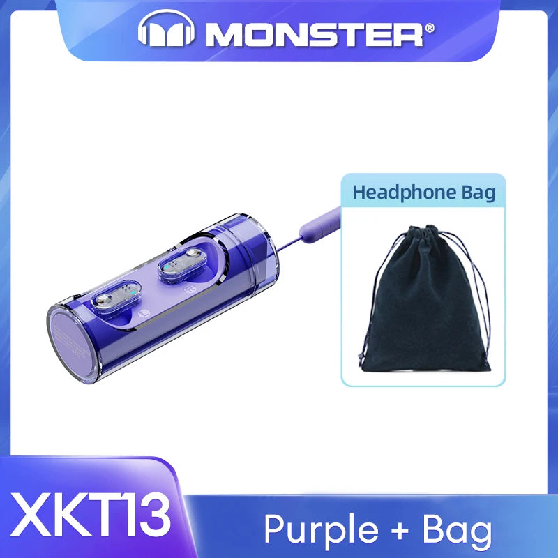 Original Monster V5.3 Wireless Bluetooth Headset XKT13 HIFI Sound Earphones Long Standby Earbuds Rotating Transparent Shell New