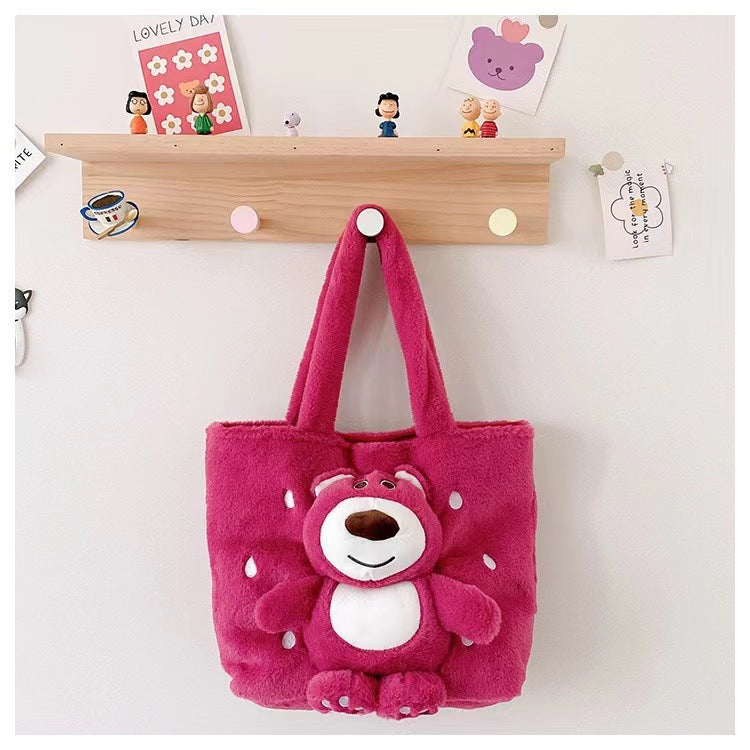 Disney 2024 New Cartoon Plush Doll Shoulder Bag Sweet and Cute Stitch Strawberry Bear Soft Cute Girls Handbag