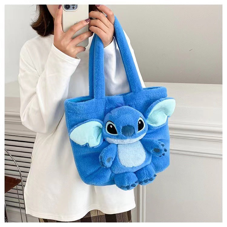 Disney 2024 New Cartoon Plush Doll Shoulder Bag Sweet and Cute Stitch Strawberry Bear Soft Cute Girls Handbag