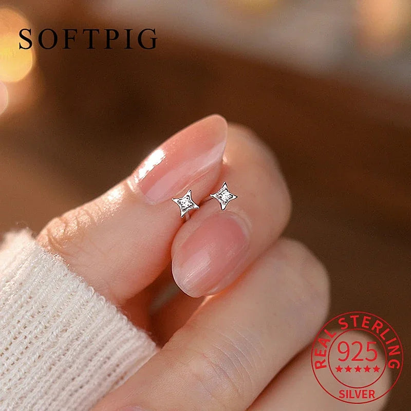 SOFTPIG Real 925 Sterling Silver Zircon 4MM Star Tiny Stud Earrings for Women Fine Jewelry Minimalist Ear Hole Care Accessories