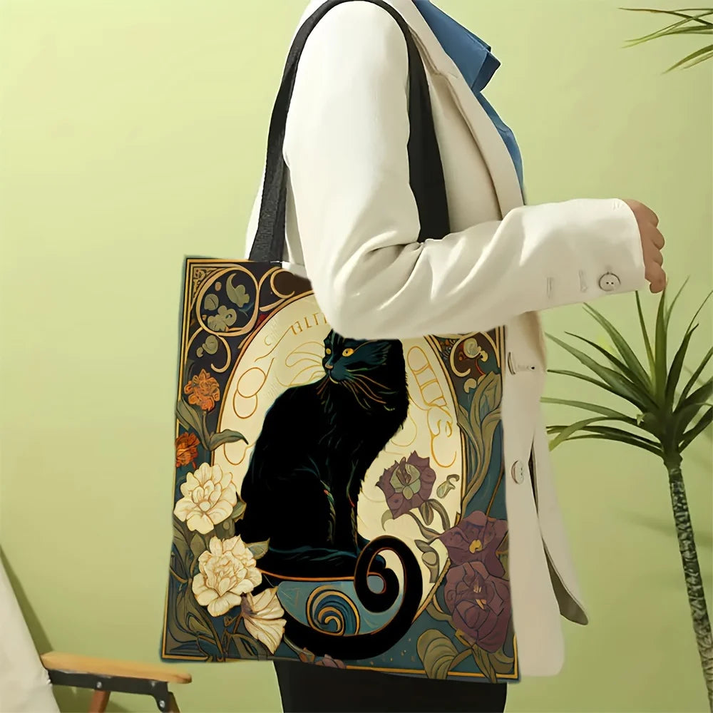 Retro Art Noble Black Cat Tote Bag, Fashionable Shoulder Bag, Daily Lightweight Shopping Bag Linen Fabric 40X40CM Handbag