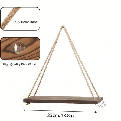 1PC Wooden Swing Hanging Hemp Rope Wall Shelve Mounted Floating Home Living Room Plant Flower Pot Tray Storage Garden Decoration