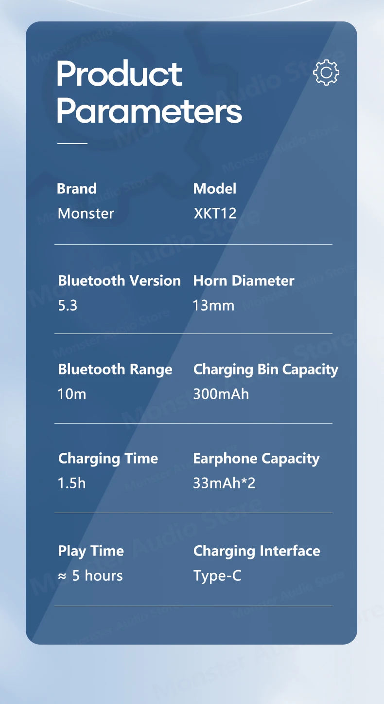 سماعات الألعاب الأصلية Monster XKT12 بتقنية البلوتوث 5.3 TWS وسماعات أذن لاسلكية بتقنية HIFI وسماعات أذن مضادة للضوضاء بسعة 300 مللي أمبير في الساعة