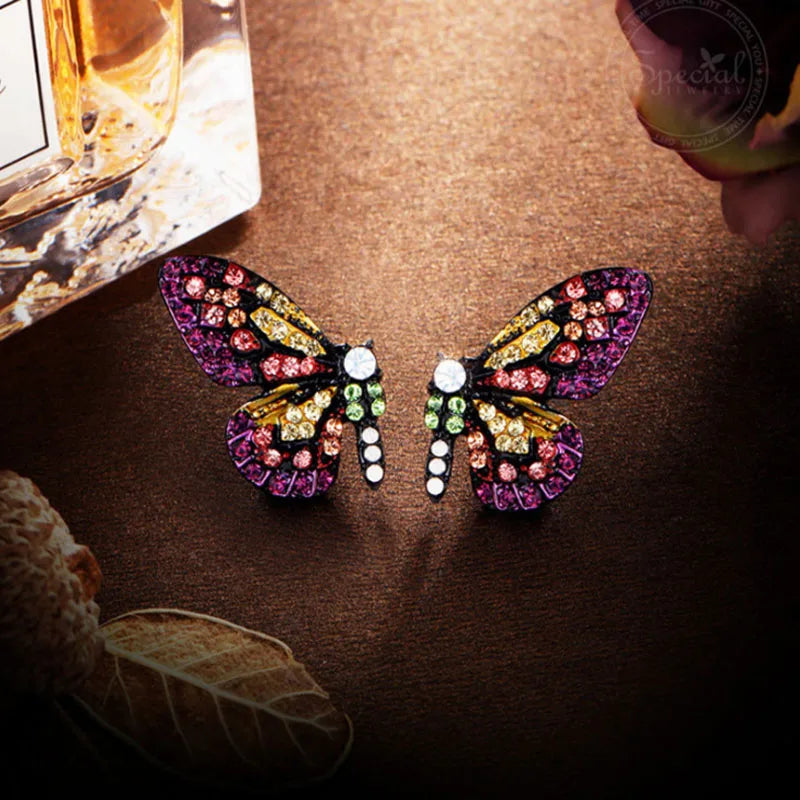 Graceful Shiny Multicolor Zircon Butterfly Stud Earrings for Women Girls Cute Date Party Jewelry