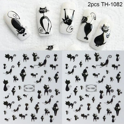 2pcs Black Cat Nail Stickers 3D Cute Cartoon Animal 3D Self-Adhesive Nail Art Decals Sliders Decorations Manicure Accessories