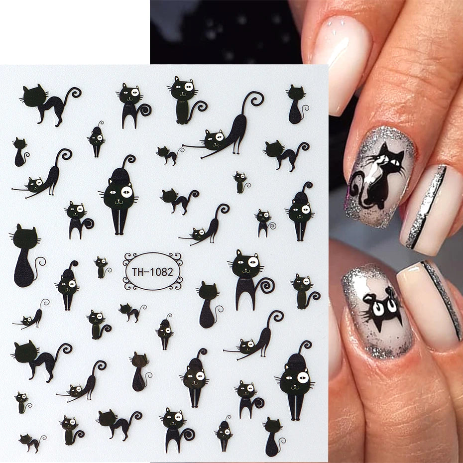 2pcs Black Cat Nail Stickers 3D Cute Cartoon Animal 3D Self-Adhesive Nail Art Decals Sliders Decorations Manicure Accessories