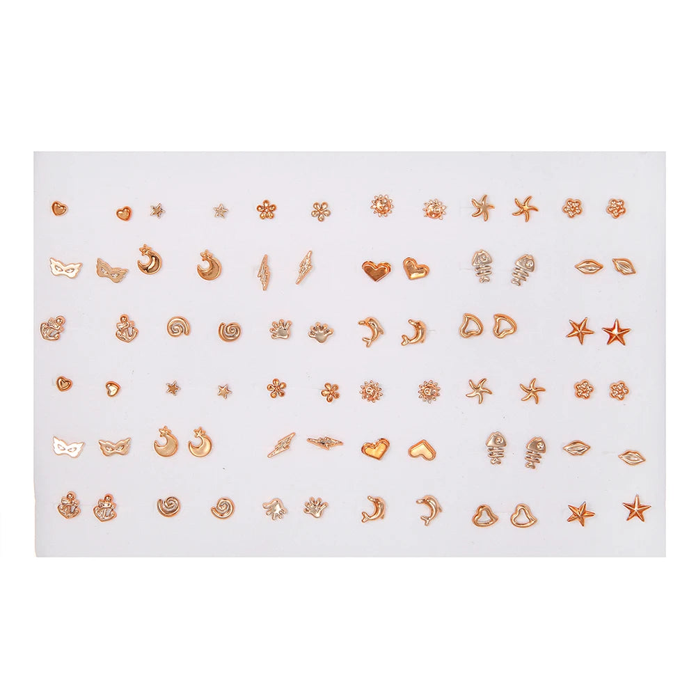 Fashion Geometric 36 Pairs/Lot Mixed Styles Small Stud Earrings For Women Lady Starfish Dolphins Moon Jewelry Party Gifts