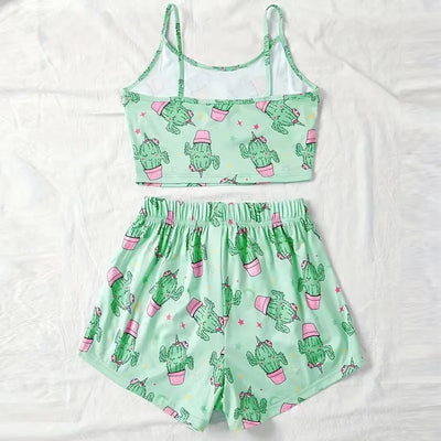 Women's Pajamas Set Sleepwear 2 PCS Short Tank Tops And Shorts S M L Green Ventilate Soft Casual Cactus Print