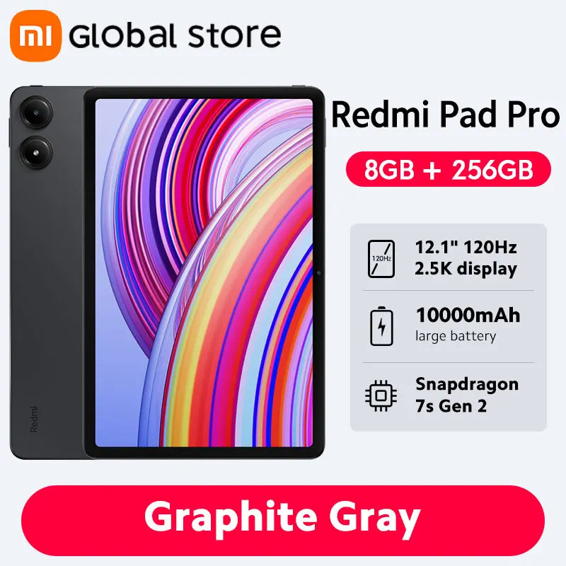 جهاز Xiaomi Redmi Pad Pro الجديد الإصدار العالمي بشاشة LCD مقاس 12.1 بوصة ومعدل تحديث 120 هرتز ومنصة Snapdragon® 7s Gen 2 المحمولة وبطارية 10000 مللي أمبير في الساعة وشحن سريع بقوة 33 وات