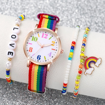 4PCS/Set Women's Watch Casual Nylon Band Analog Quartz Watches Love Beads Bracelets Set