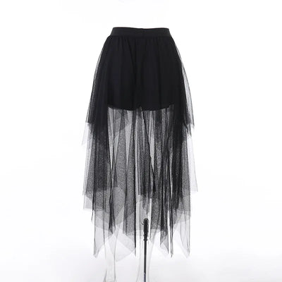 Sexy Net Yarn High-Waisted Irregular Skirt for Women Summer New European and American Gothic Style Versatile Casual Skirts