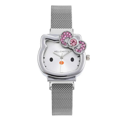 Hello Kitty Diamond  Watch Cat Bow Kawaii Pink Ladies Gold Sliver Metal Jewelry Cartoon Magnetic Watch Girlfriend Birthday