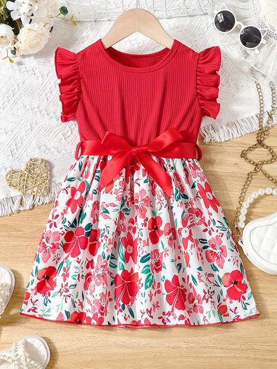 Sweet Girls Splicing Flower Print Flutter Trim Ribbed Belted Dress