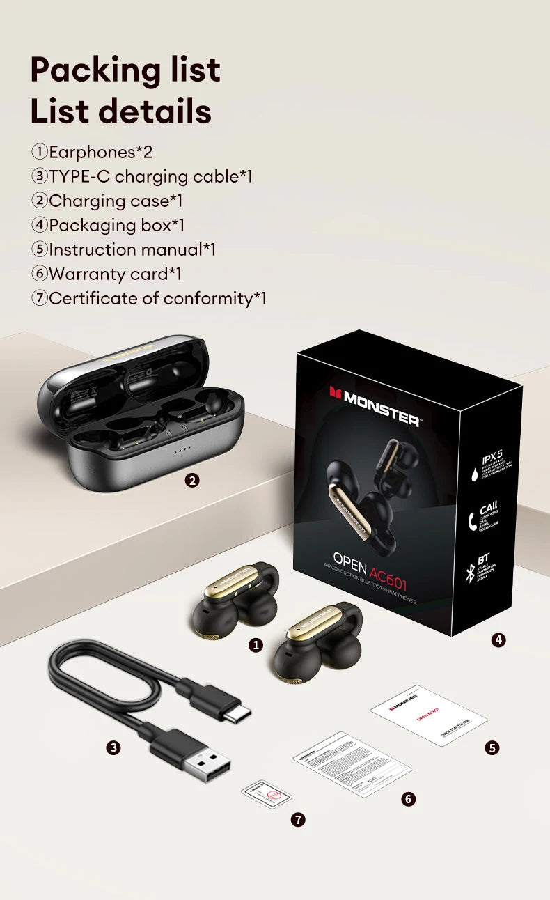 New Monster AC601 Wireless Bluetooth 5.4 Earphones ENC Call Noise Cancelling Gaming Earbuds 36H Long Standby Waterproof Headset