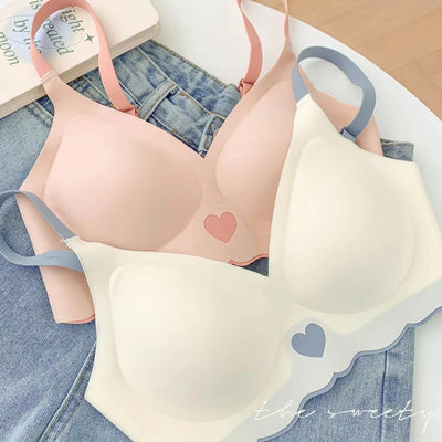 Sexy Push Up Bras For Women Love Heart Pattern Brassiere Deep V Neck Cute Underwear Female Seamless Wireless Soft Lingerie