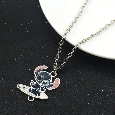 Disney Lilo & Stitch Necklace Stainless Steel Stitching Cute Figure Stitch Heart Pendant Neck Chain Lovers Jewelry