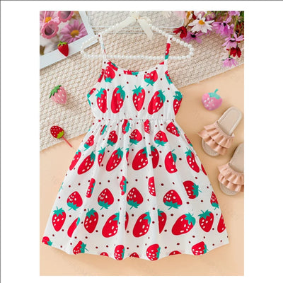 Children's Clothing Girl's Sling Strawberry Print Pattern Dress Sweet And Cute Summer Casual Dress for Girls Aged 3-7 Years