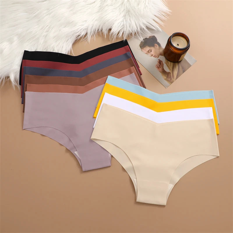 FINETOO 7PCS Women Ultra-thin Underpants Panties Seamless Briefs Sexy V-Waist Cozy Stretch Lingerie Female Solid Color Intimates