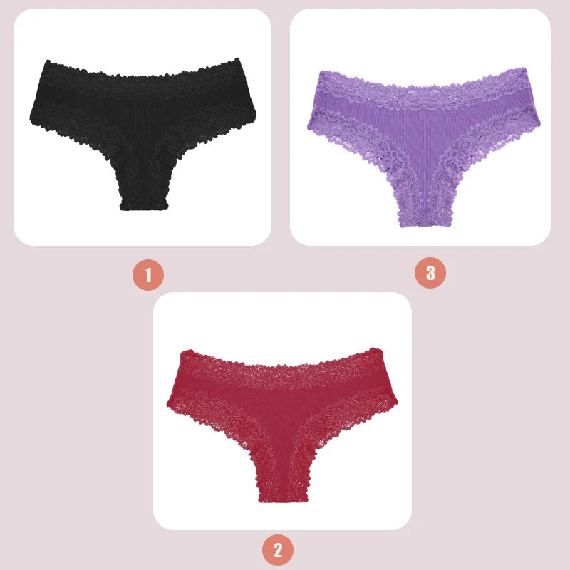 3PCS Lace Seamless Cotton Panties Ribbed Brazilian Pants Low Waist Women Panties Breathable Girls Underwear Plus Size Lingerie