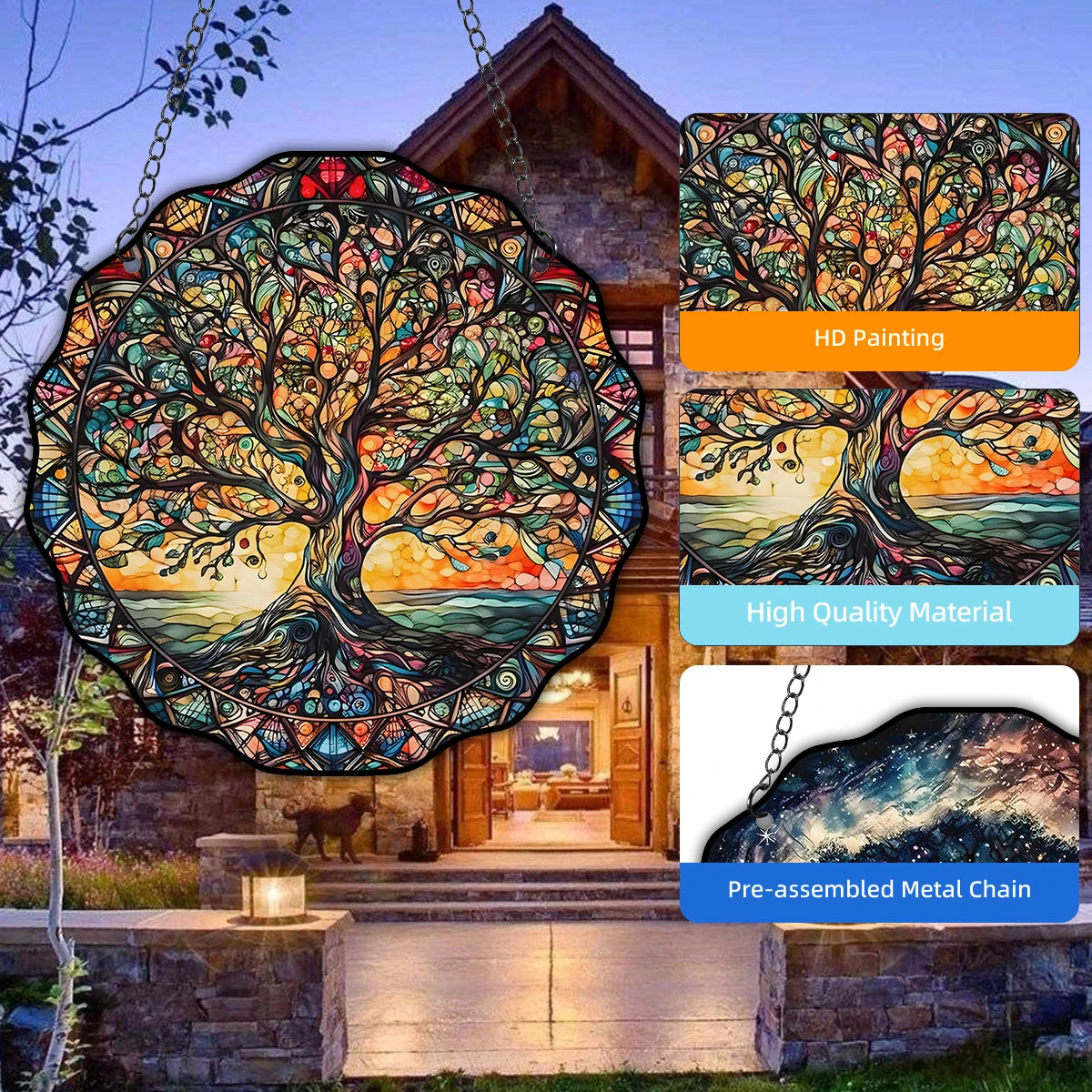 5.9inch Tree of Life Wall Art Decor Sun Hanging Sign Round Indoor Outdoor Window Acrylic Welcome Plate Pendant Decoration