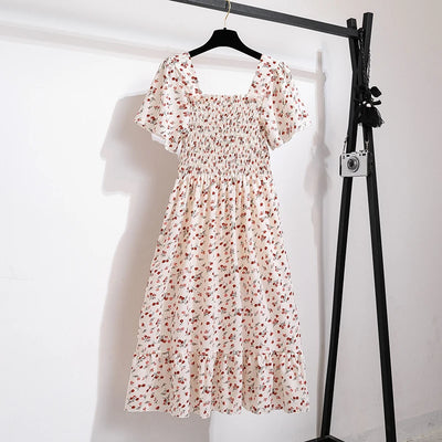 Spring Summer Chiffon Dress Women Midi DressesFemale Short Sleeve Elastic Waist Printed Floral Pleated Backless Casual Dress