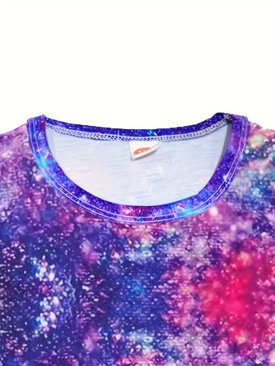 Girls Starry Unicorn Digital Print Round Neck Short Sleeve Party Casual Dress