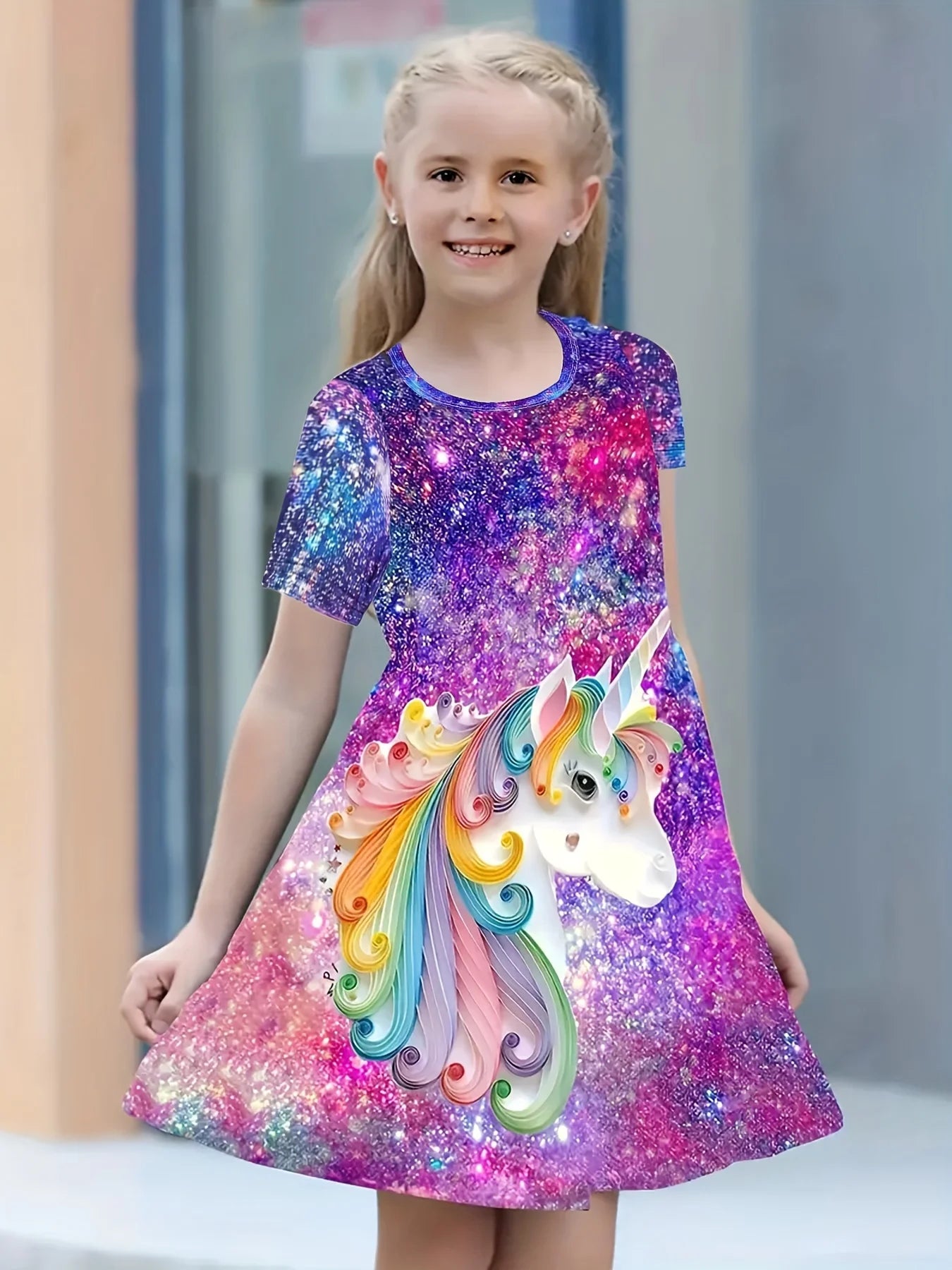 Girls Starry Unicorn Digital Print Round Neck Short Sleeve Party Casual Dress