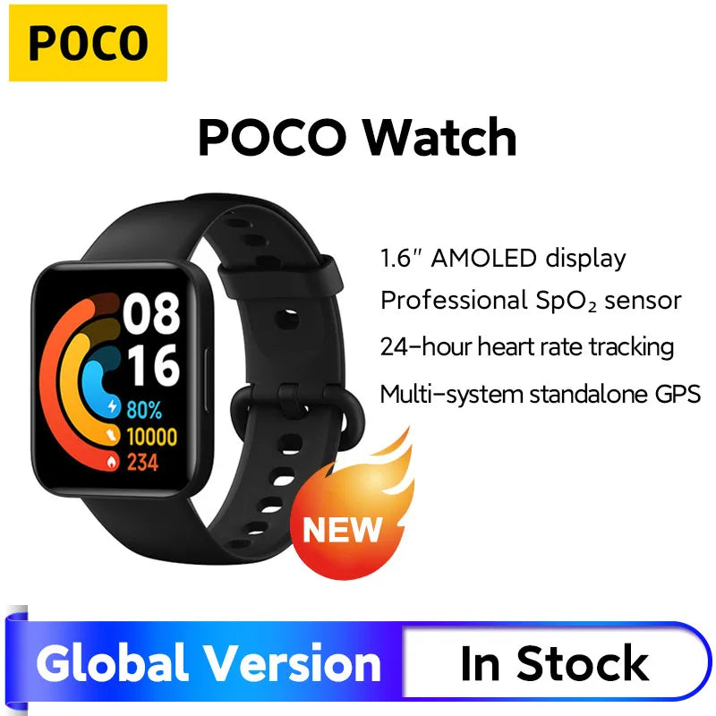 النسخة العالمية من POCO Watch شاشة AMOLED مقاس 1.6 بوصة بطارية تدوم 14 يومًا GPS ساعة وجه ساعة ذكية تعمل دائمًا مع مراقبة الأكسجين في الدم