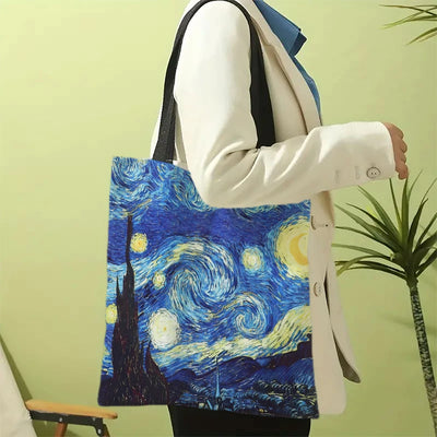 Van Gogh Series Linen Bag Oil Painting Starry Night Sunflower Apricot Flower Coffee Holder Handbag Lightweight Shoulder Bag