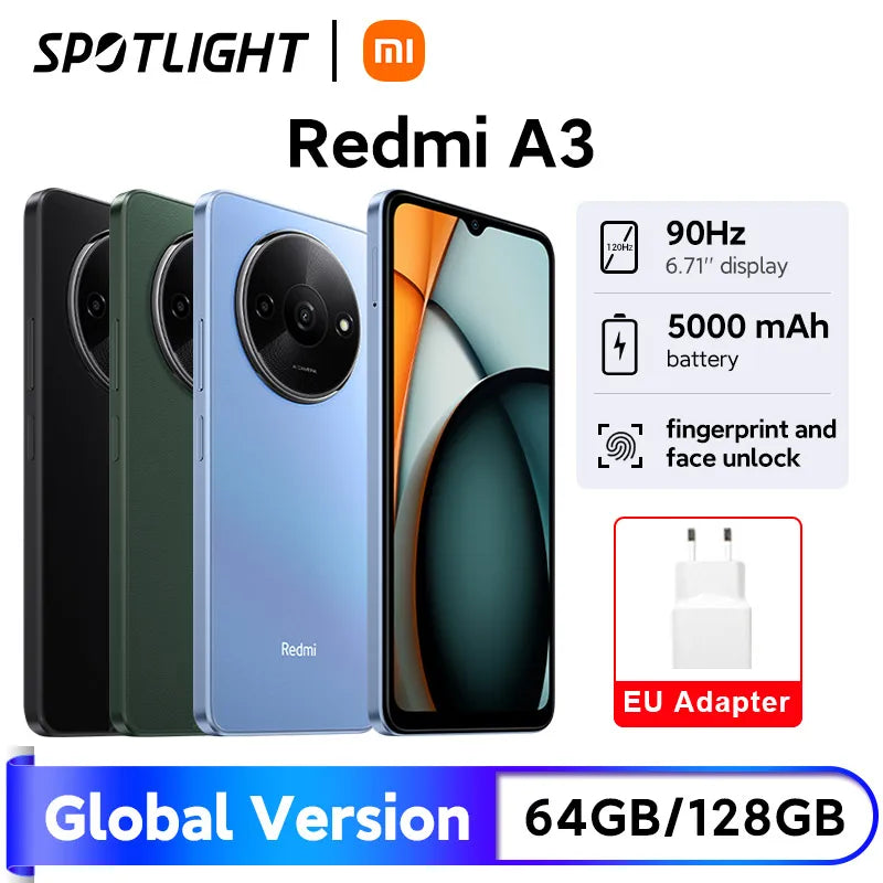 النسخة العالمية من هاتف Xiaomi Redmi A3 الذكي 64GB / 128GB ROM شاشة Dot Drop مقاس 6.71 بوصة MediaTek Helio G36 بطارية 5000mAh كاميرا 8MP